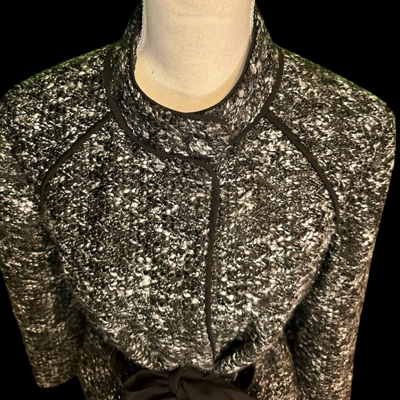 Sandro Black & White Marled Tweed Button Up Jacket with Black Satin Belt Sz XLP - Picture 3 of 15